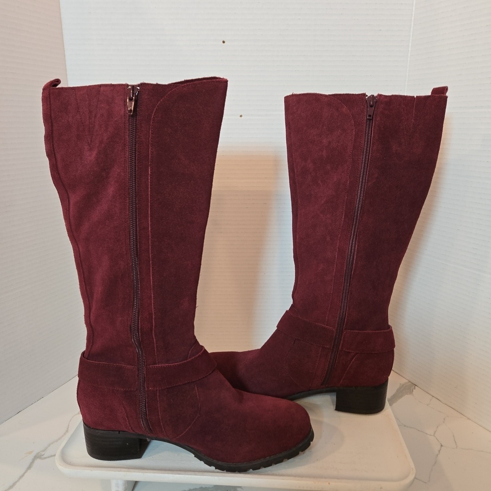 Burgundy Suede Buckle Moto Knee Boots Womens Size 7.5 Boho Western Biker